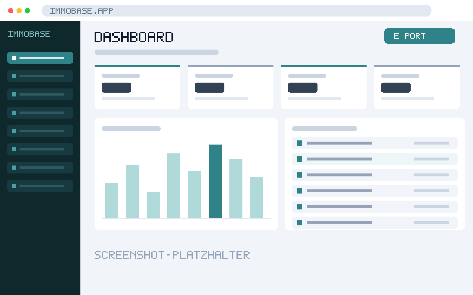 Screenshot-Platzhalter des ImmoBase-Dashboards mit Übersicht über Objekte, Einheiten und offene Posten