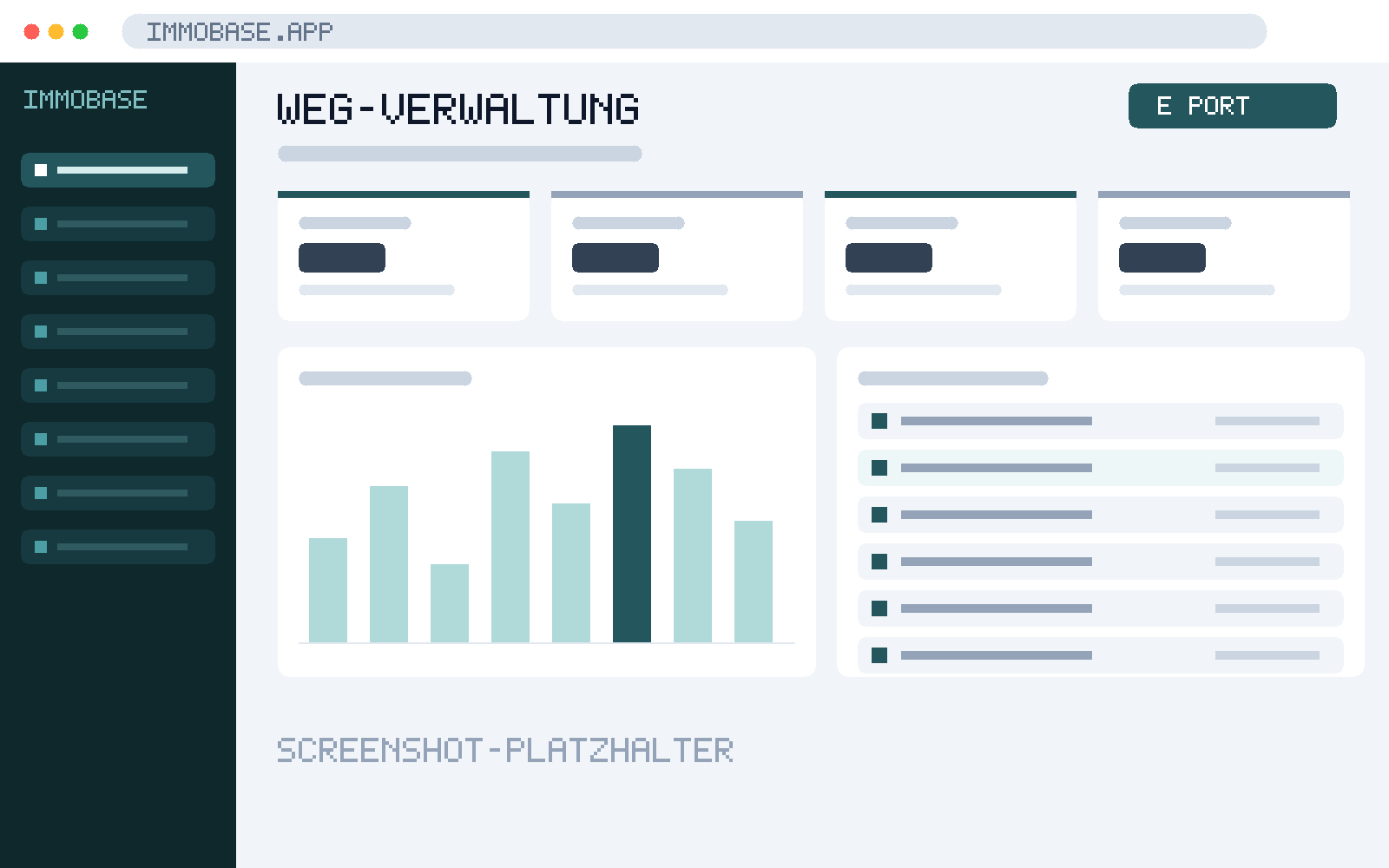 Screenshot-Platzhalter der WEG-Verwaltung in ImmoBase: Wirtschaftsplan, Hausgeld-Übersicht und Beschluss-Sammlung